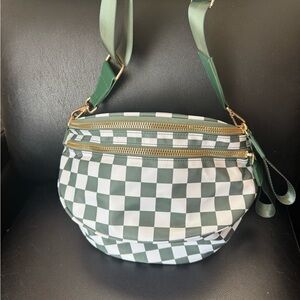 Chic Checkered Crossbody Bag in Green and White